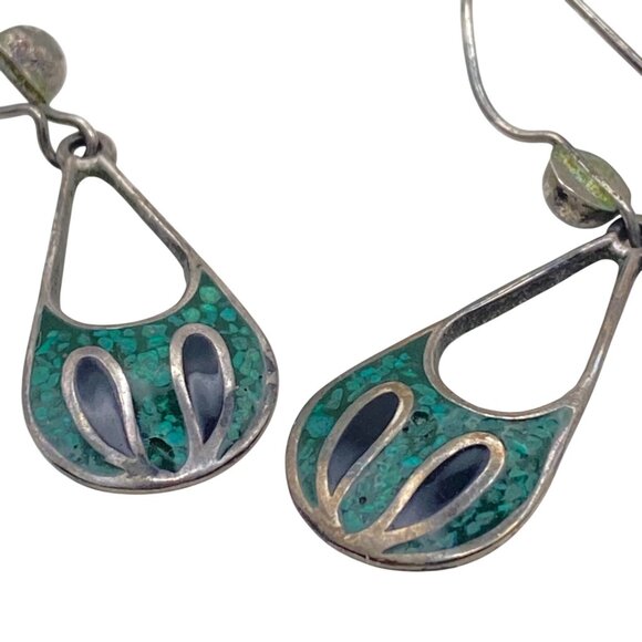 Taxco Mexico Sterling Silver Teardrop Earrings Crushed Stone Inlay TC97 LOOK - Picture 3 of 12